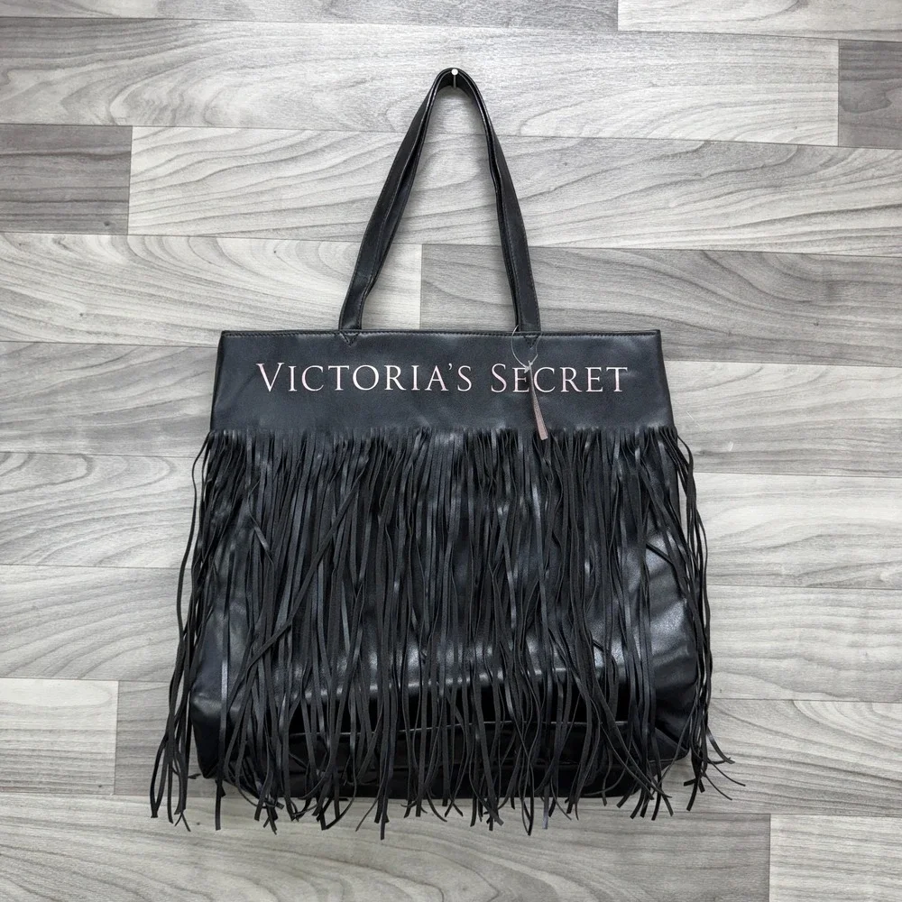 Victoria's Secret Tote Bag Women's Black One Size Flirty Fringe Faux‎ Leather